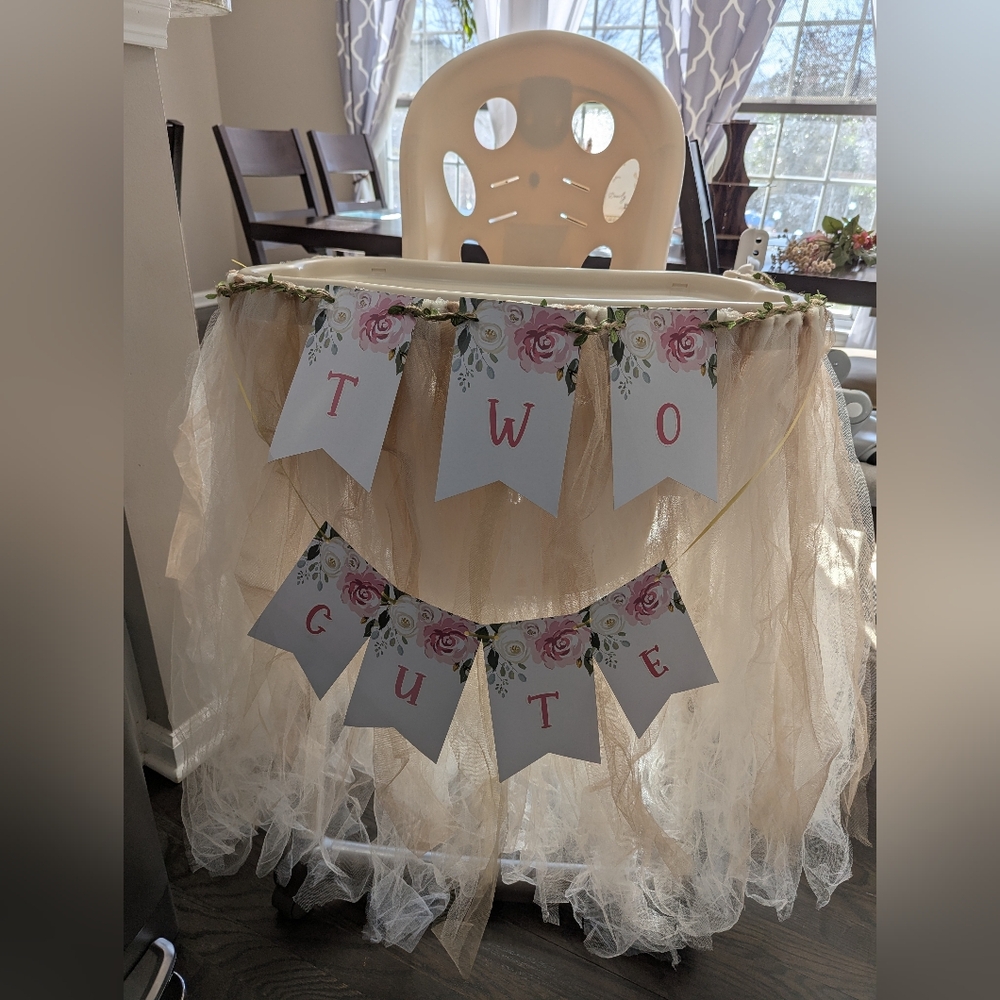 TWO CUTE birthday high chair banner & tutu skirt & gold 2 candle party shower